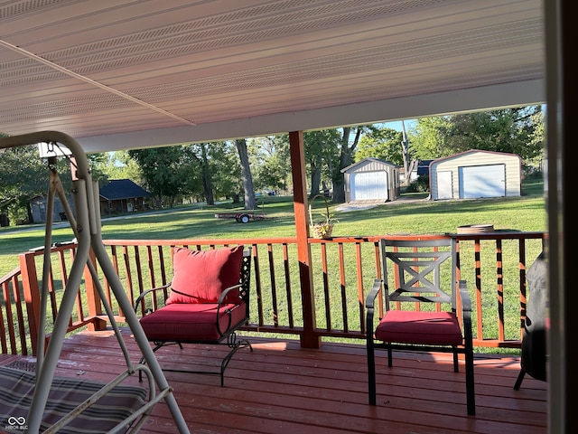 wooden deck featuring a yard and a storage shed