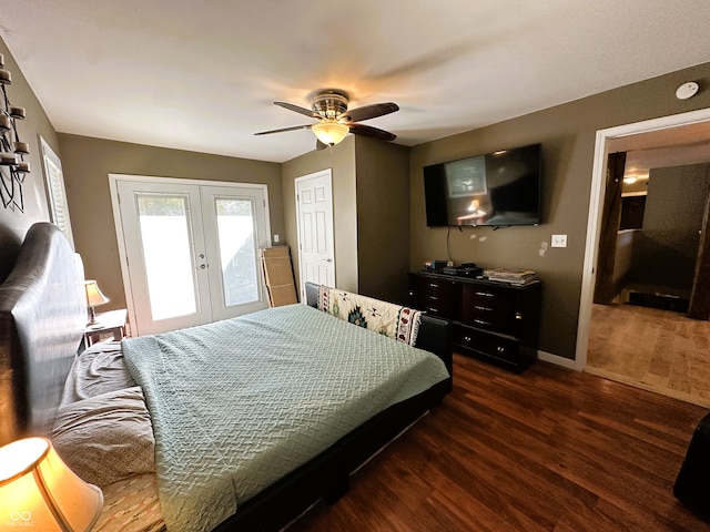 bedroom featuring dark wood-type flooring, ceiling fan, french doors, and access to exterior