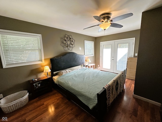 bedroom with french doors, ceiling fan, access to outside, and dark wood-type flooring