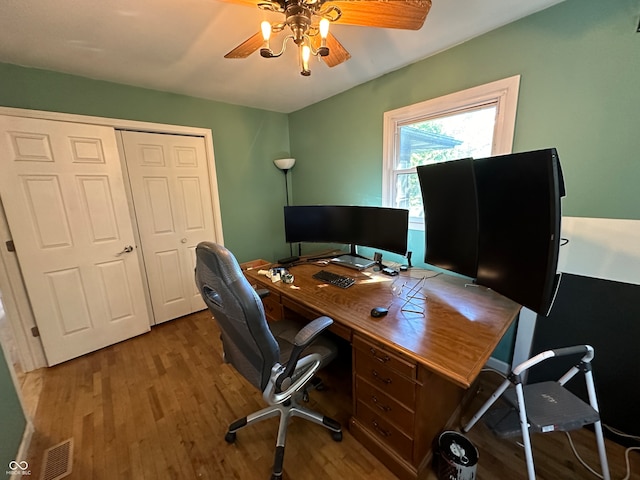 office area featuring hardwood / wood-style floors and ceiling fan