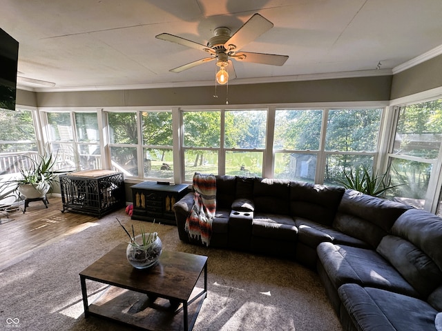 sunroom featuring plenty of natural light and ceiling fan