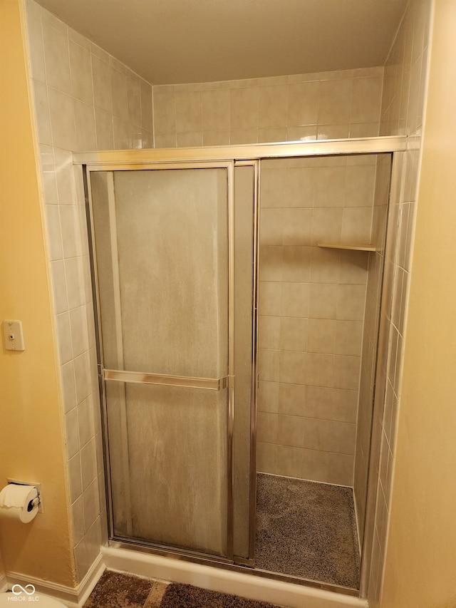 bathroom with a shower with shower door