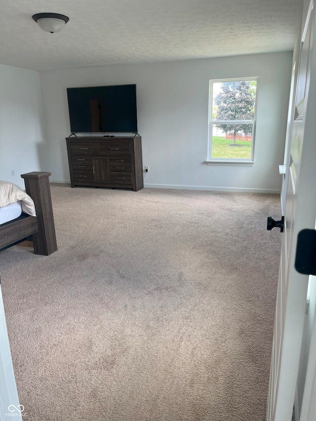 bedroom with light carpet and a textured ceiling