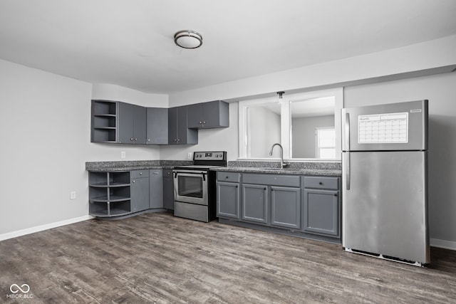 kitchen featuring gray cabinetry, stainless steel appliances, dark wood-type flooring, and sink