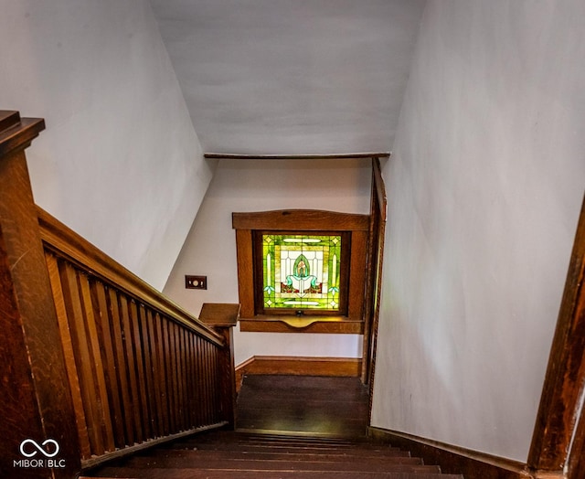 staircase with hardwood / wood-style flooring