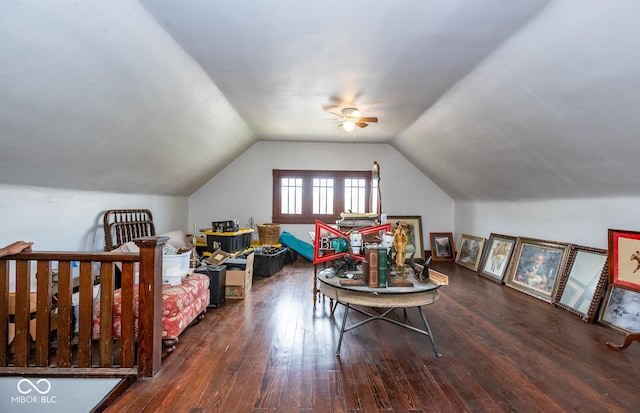 additional living space with lofted ceiling, a ceiling fan, and hardwood / wood-style flooring