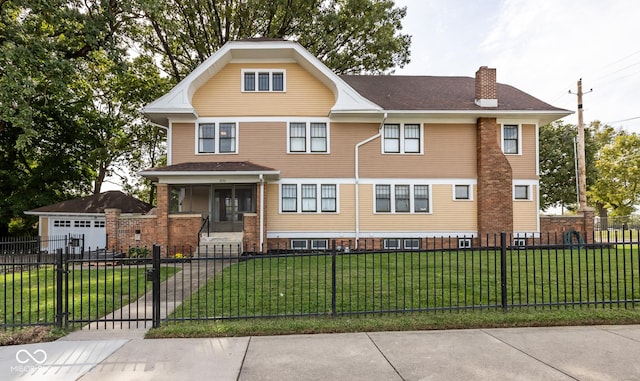 view of front of house with a chimney, a front lawn, a porch, and a fenced front yard