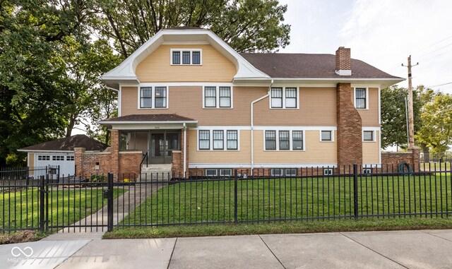 1457 Fairfield Ave, Indianapolis, IN 46205 - view of front of house with a chimney, a front lawn, a porch, and a fenced front yard