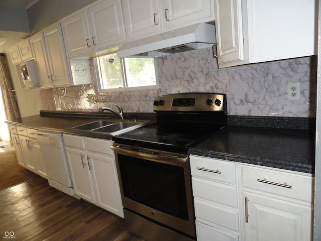 kitchen with dishwasher, dark hardwood / wood-style floors, electric range, sink, and white cabinets