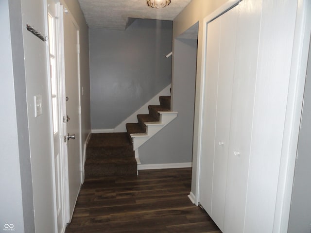 stairway featuring wood-type flooring and a textured ceiling