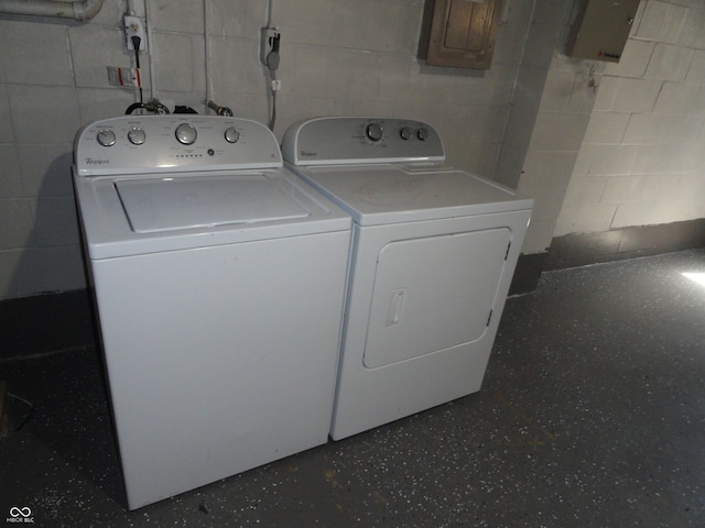 laundry area featuring electric panel and washing machine and dryer