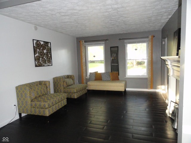 living room featuring a textured ceiling and dark wood-type flooring