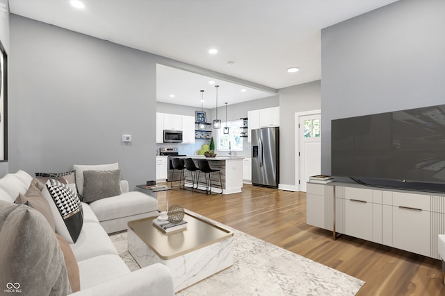 living room with dark hardwood / wood-style floors and sink