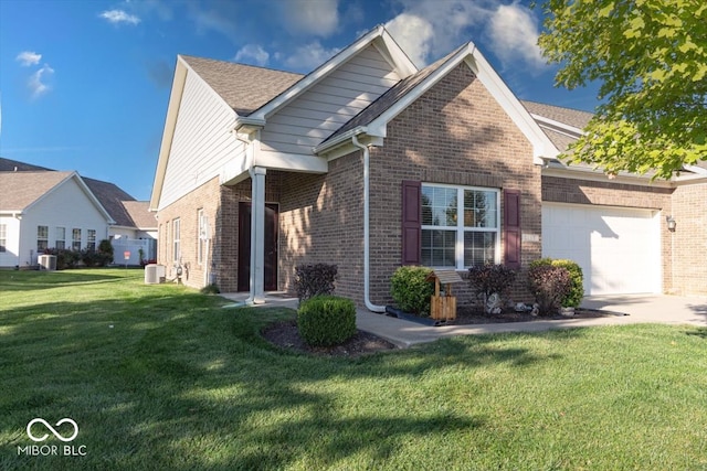 view of front of property with a front lawn, a garage, brick siding, and driveway