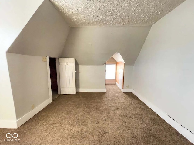 bonus room featuring lofted ceiling, carpet floors, and a textured ceiling