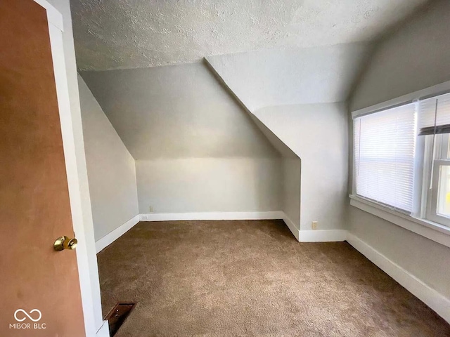 additional living space featuring vaulted ceiling, carpet, and a textured ceiling