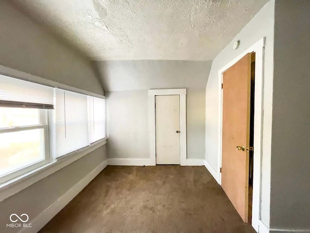 carpeted spare room featuring vaulted ceiling and a textured ceiling