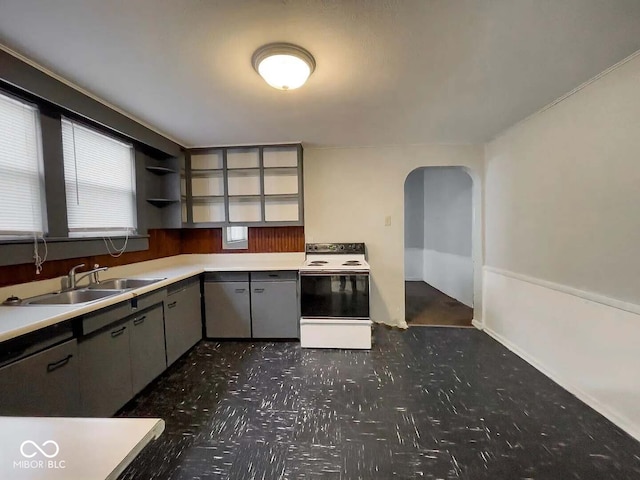 kitchen with gray cabinets, sink, and white electric stove