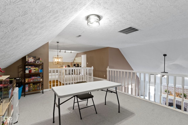 603 Ophelia Dr, Avon, IN 46123 - office area featuring vaulted ceiling, a textured ceiling, carpet, and a chandelier