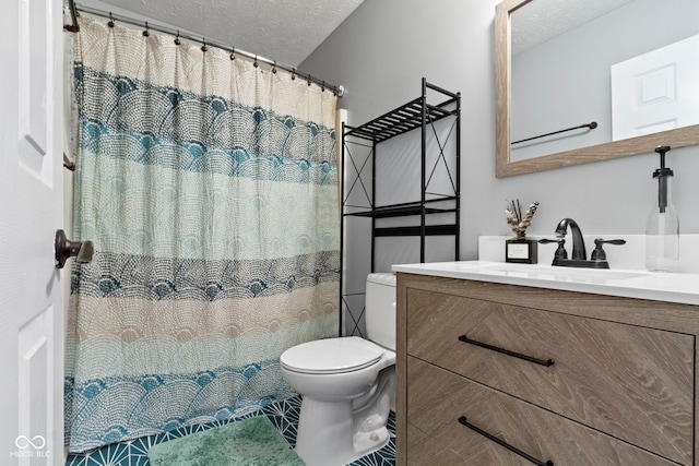 603 Ophelia Dr, Avon, IN 46123 - bathroom featuring toilet, a textured ceiling, vanity, and a shower with shower curtain