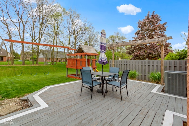 603 Ophelia Dr, Avon, IN 46123 - deck with a playground, central air condition unit, outdoor dining area, and a pergola
