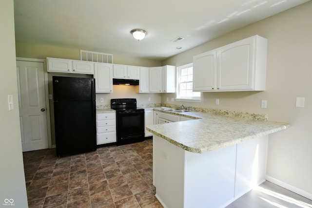 kitchen with white cabinets, sink, kitchen peninsula, and black appliances