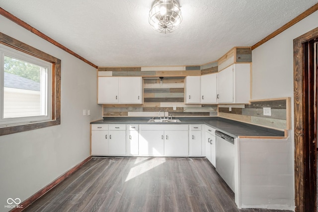2682 E 150 S, Anderson, IN 46017 - kitchen featuring dishwasher, dark countertops, backsplash, dark wood finished floors, and white cabinets