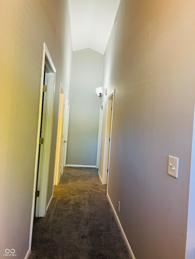 hallway featuring dark carpet and high vaulted ceiling