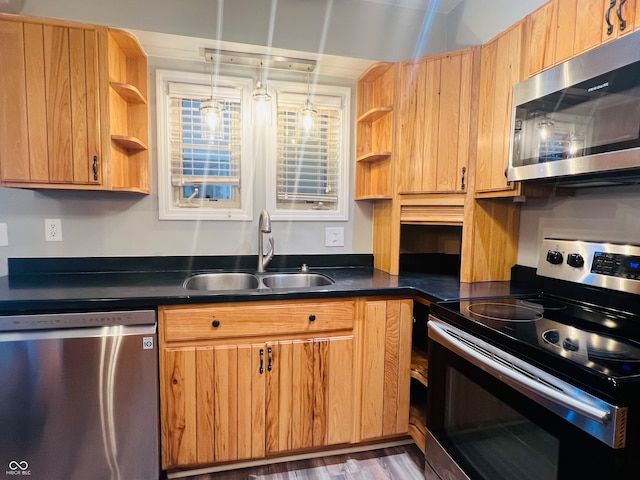 kitchen with stainless steel appliances, wood-type flooring, decorative light fixtures, and sink