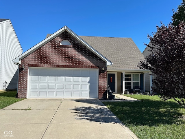 view of front of home featuring a front yard and a garage