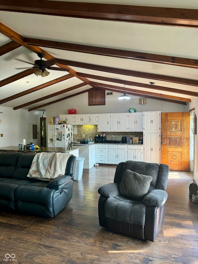 living room featuring beam ceiling, dark hardwood / wood-style floors, ceiling fan, and high vaulted ceiling