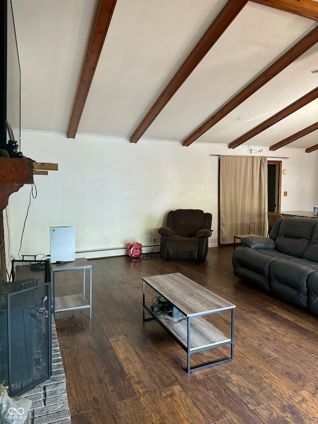 living room with beam ceiling, dark hardwood / wood-style flooring, and a brick fireplace