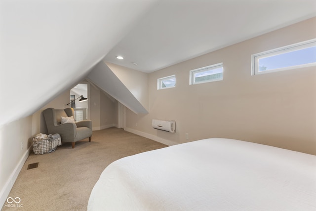 bedroom featuring light carpet and lofted ceiling