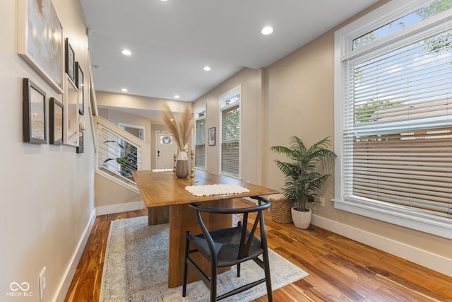 dining space with a healthy amount of sunlight and wood-type flooring