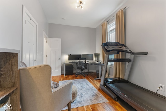 exercise room with light hardwood / wood-style floors