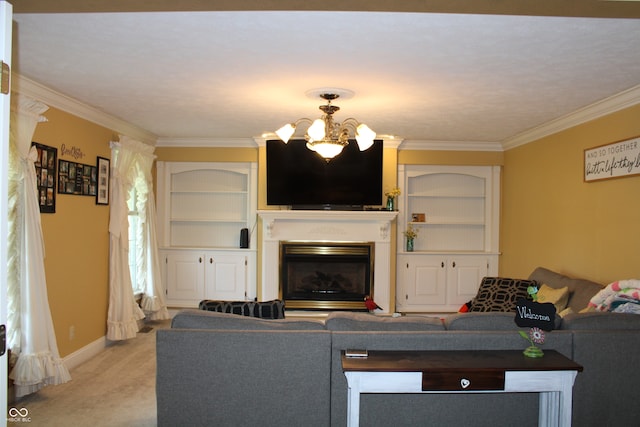 living room featuring light carpet, an inviting chandelier, ornamental molding, and built in features