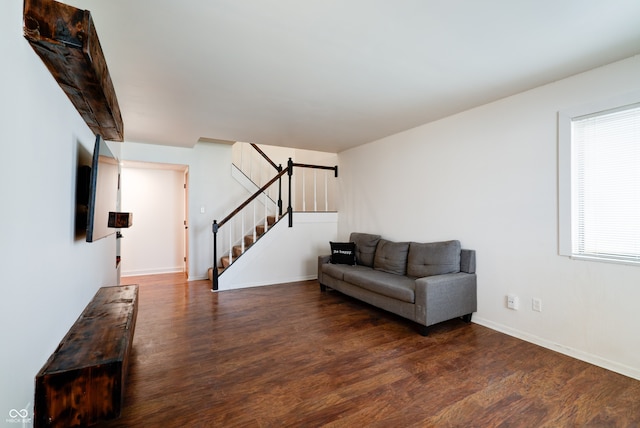 living room with dark hardwood / wood-style floors