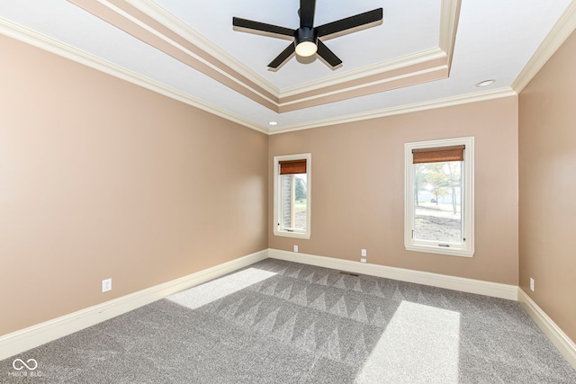 carpeted empty room featuring ceiling fan, a raised ceiling, crown molding, and a wealth of natural light