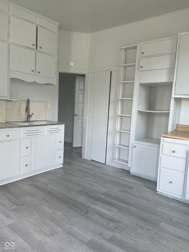 kitchen with light hardwood / wood-style floors, white cabinetry, tasteful backsplash, and sink