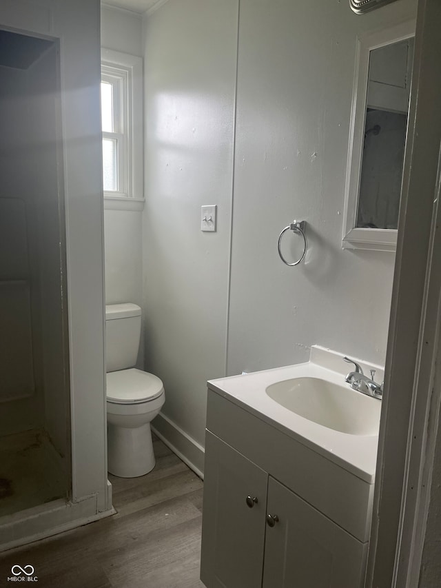 bathroom with vanity, hardwood / wood-style flooring, and toilet