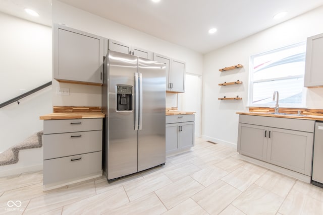 kitchen featuring gray cabinets, stainless steel appliances, sink, and butcher block counters