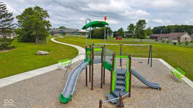 view of jungle gym with a lawn