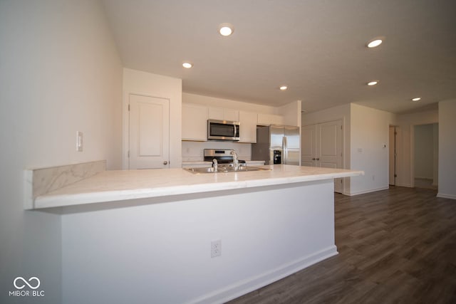 kitchen with kitchen peninsula, stainless steel appliances, sink, white cabinets, and dark hardwood / wood-style flooring