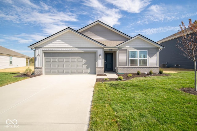 single story home featuring a front lawn, central air condition unit, a garage, driveway, and brick siding