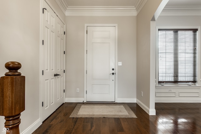 entrance foyer featuring a wealth of natural light, dark wood-type flooring, and ornamental molding