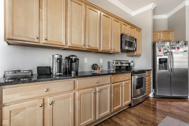 kitchen with stainless steel appliances, dark wood-type flooring, dark stone counters, ornamental molding, and light brown cabinetry