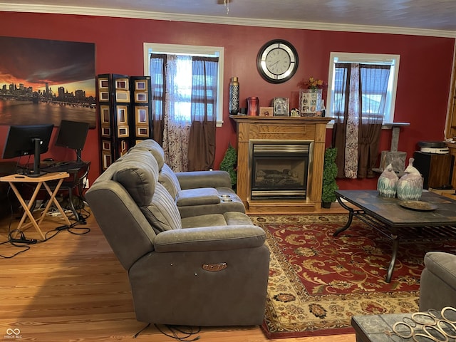 3991 Bennett Dr, Indianapolis, IN 46254 - living room featuring wood finished floors, a fireplace, and crown molding