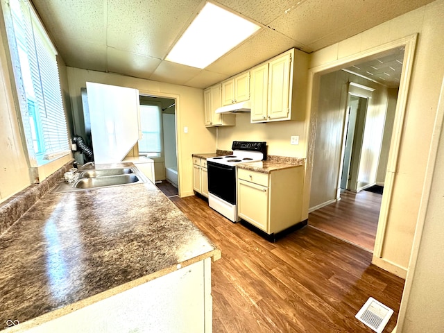 kitchen featuring white range with electric cooktop, sink, a drop ceiling, and hardwood / wood-style floors