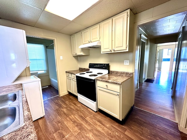 kitchen with a paneled ceiling, dark wood-type flooring, electric range, and a healthy amount of sunlight