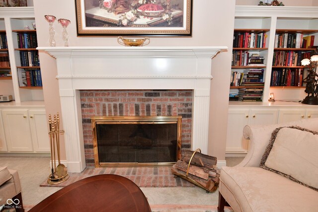 living room with a fireplace